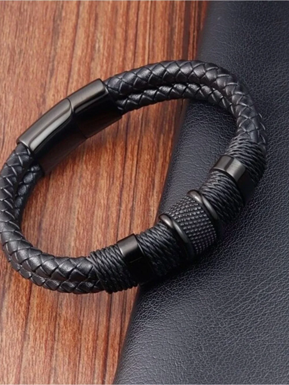 Men's Black Braided Leather Bracelet with Textured Gunmetal Accents